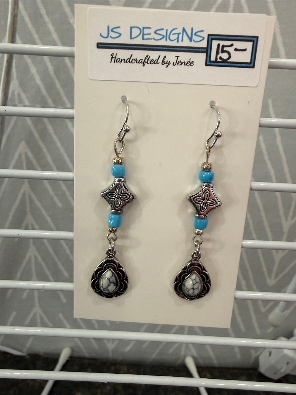 JS Designs Turquoise and Silver Drop Earrings
